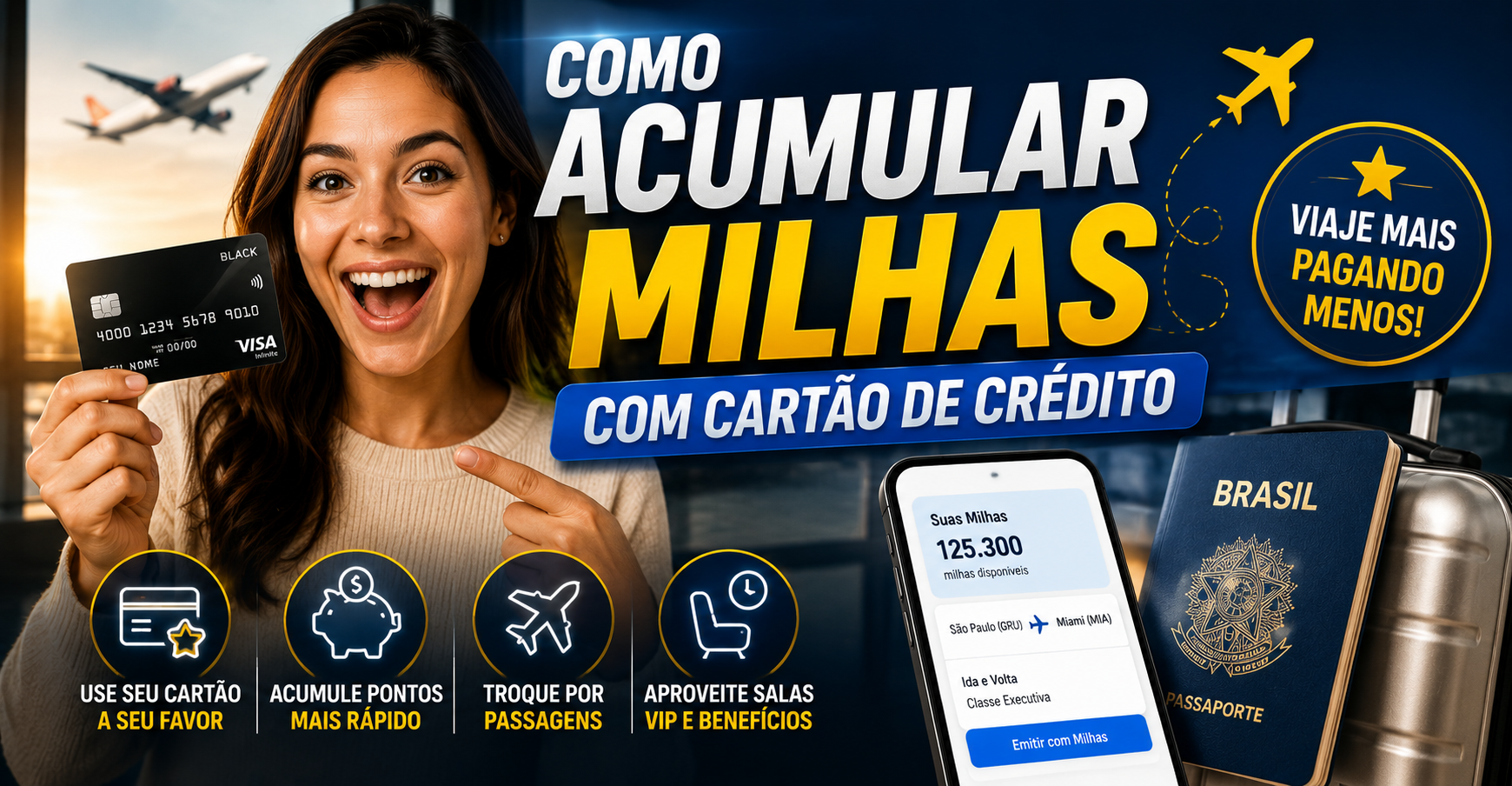 Pessoa segurando cartão de crédito e mostrando como acumular milhas para trocar por passagens aéreas e benefícios de viagem.