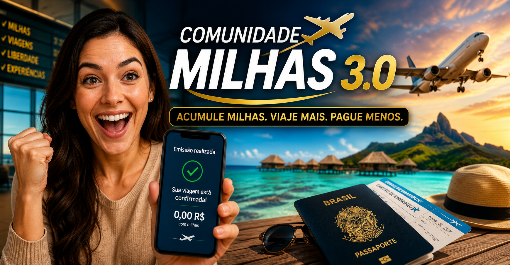 Comunidade Milhas 3.0: pessoa feliz exibindo passagem emitida com milhas em celular, avião decolando e cenário de viagem ao fundo.