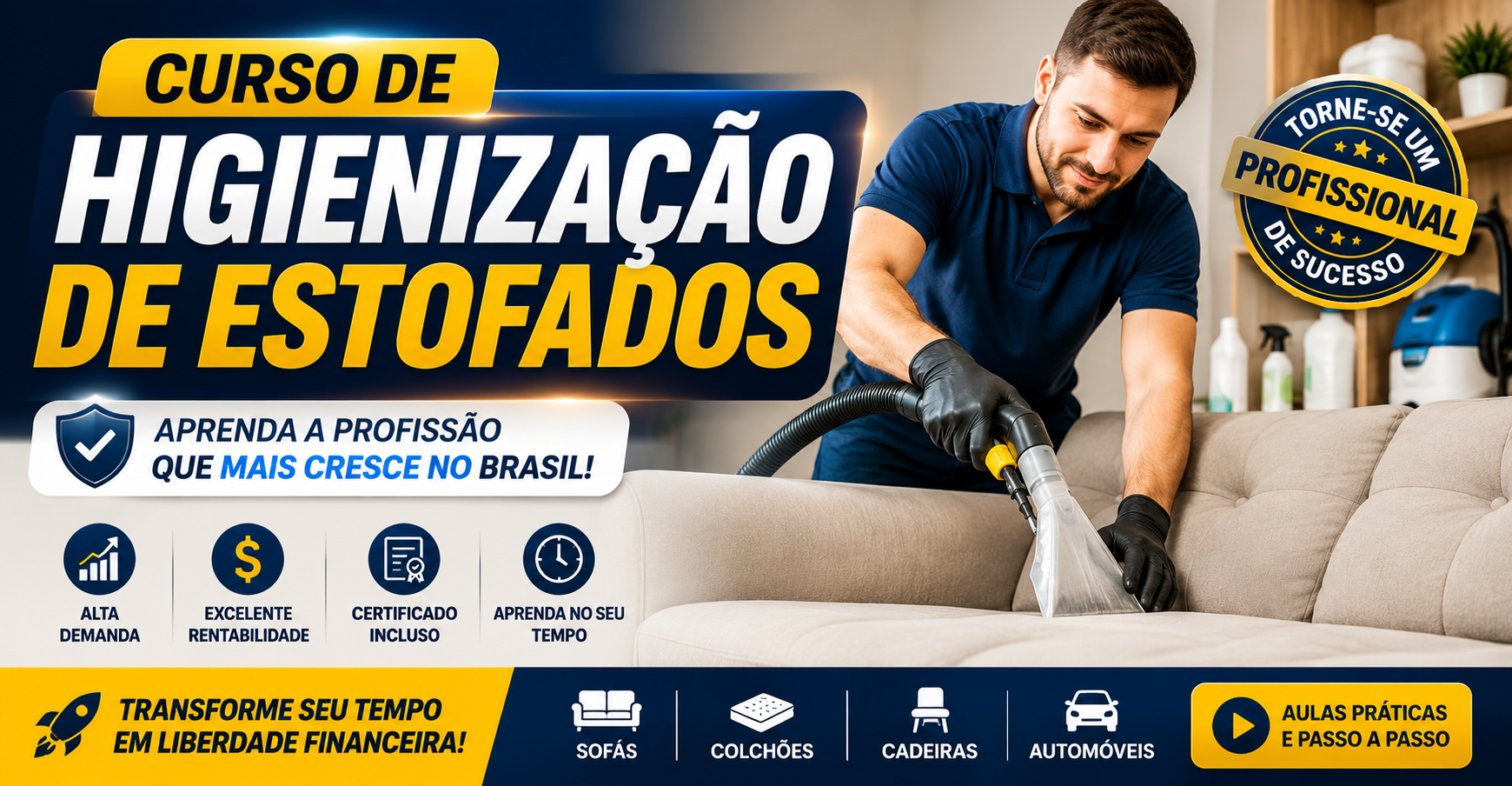 Profissional realizando higienização de estofados em sofá utilizando equipamento de limpeza profissional durante curso de higienização de estofados.