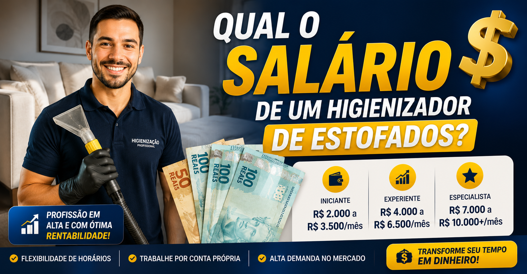 Higienizador de estofados profissional segurando equipamento de limpeza ao lado de sofá, representando os ganhos e salário da profissão.