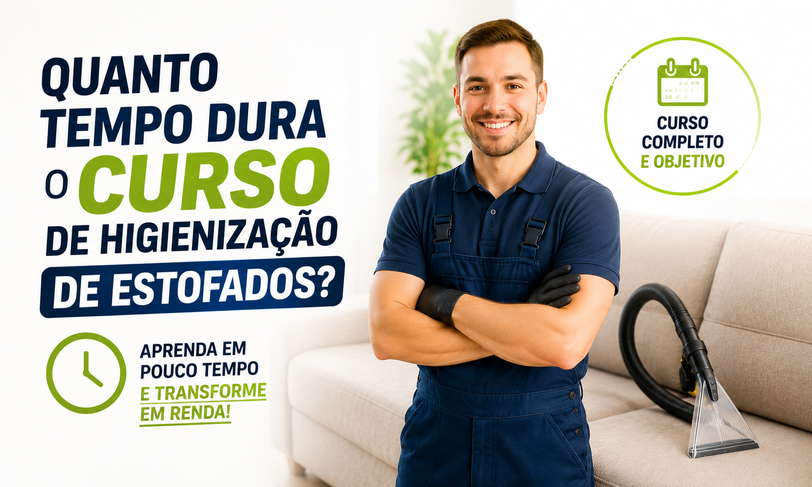 Profissional de higienização de estofados ao lado de sofá limpo representando a duração e o processo de formação no curso de higienização de estofados.